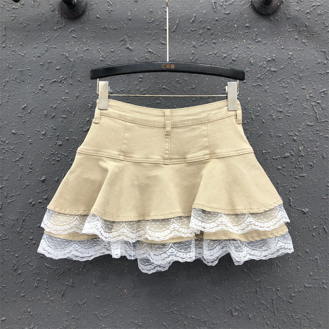 2025 summer pure and sweet puffy skirt denim skirt women's lace spliced ​​high-waisted small skirt