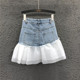 New denim skirt for women summer fashion Hong Kong style mesh splicing A-line hip skirt high waist slim short skirt for women
