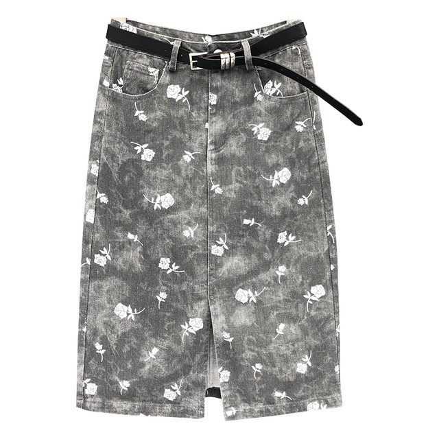 Retro rose print mid -length A -line hip skirt female summer new split high waist thin denim skirt
