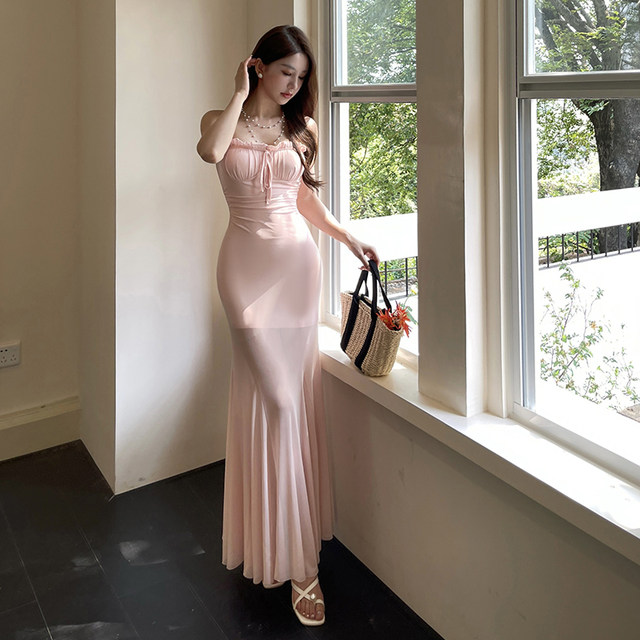 Plataz Autumn And Winter Women's New Temperament Sexy Bareback Mesh Sling Dress Solid Color Dress HZ0628