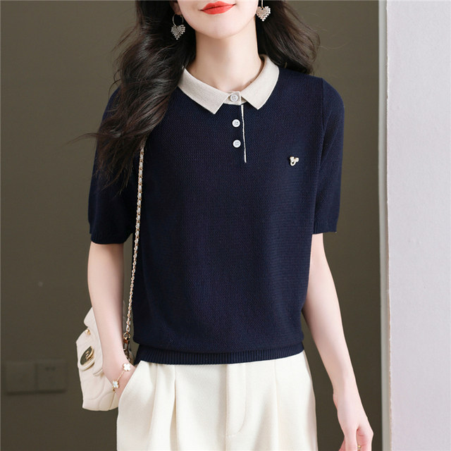 Red ice silk t-shirt women's knitted mid-sleeve top summer doll collar half-sleeved polo collar bottoming shirt fashionable spring and autumn