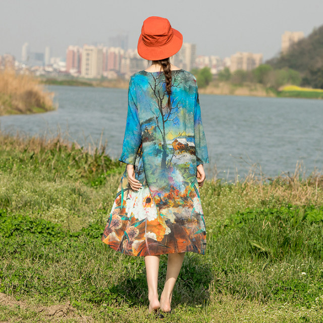 Ran Shang's original ramie lotus printed dress for women's loose ...