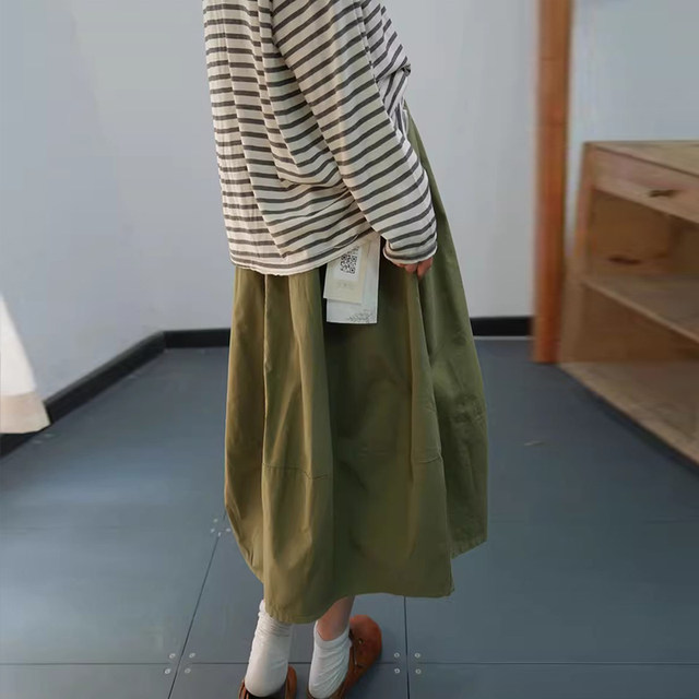 Ancient and color Korean style literary splicing loose large sling mid-length skirt casual and versatile high-waist lace-up cotton skirt spring