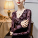 Flocked V-neck top for women slim tie-dye printing 2025 spring new women's pleated fashionable lace base shirt