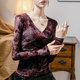 Flocked V-neck top for women slim tie-dye printing 2025 spring new women's pleated fashionable lace base shirt