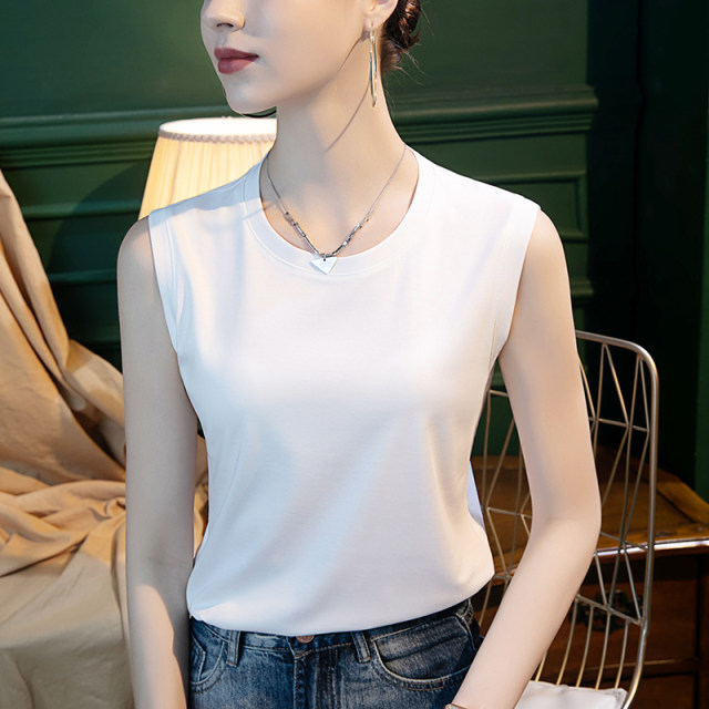 80 mercerized cotton white t loose casual round neck T-shirt for women's cotton t white sleeveless vest 2025 summer women's clothing