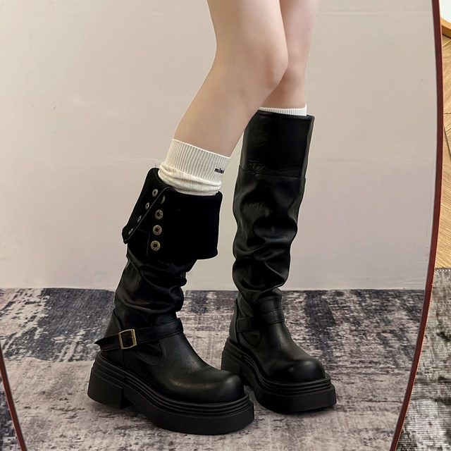 Brown retro British style thick heel thick sole boots for women 2025 new autumn and winter slim boots knight boots