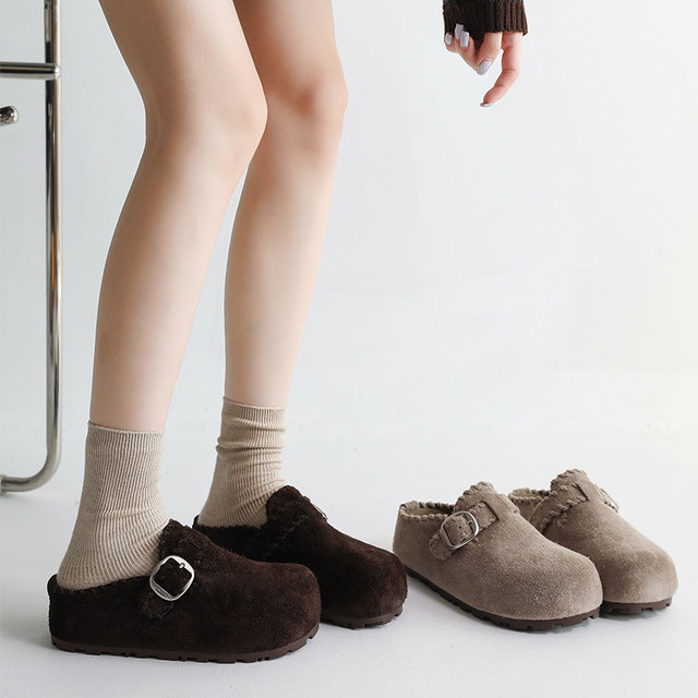 Retro inner increased suede leather Birkenstock shoes toe cap half slippers for women 2025 autumn new one-legged Birkenstock shoes