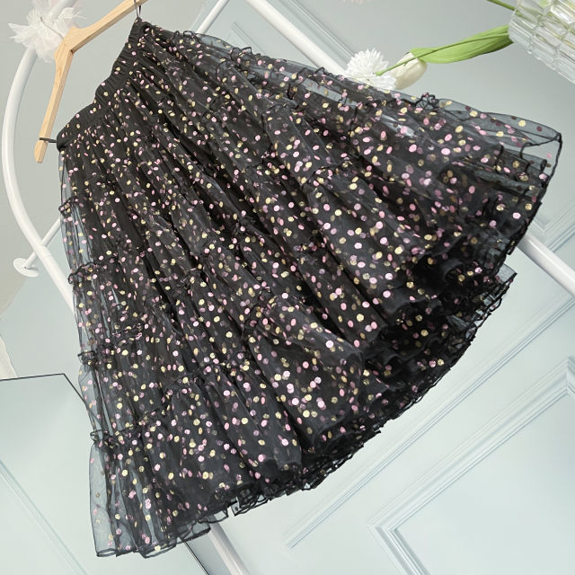 2024 autumn and winter new polka dot polka dot skirt for girls age-reducing mesh mid-length skirt elastic waist high waist heavy workmanship

