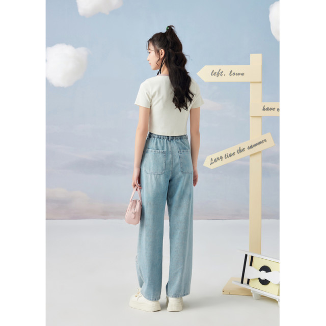 Zihan Straight Light Blue Jeans Women's Summer New Fashion Patch Embroidery High Waist Slim Versatile Casual Pants