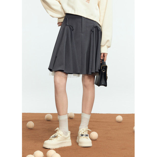 Zihan bow pleated skirt for women in autumn new design sense casual high waist A-line mesh splicing short skirt
