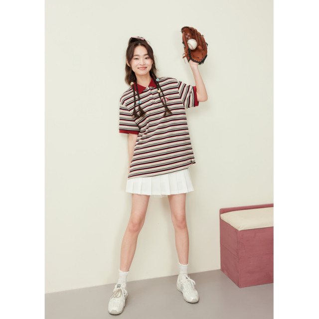 Purple-Han Red Striped POLO Shirt for Women 2025 Summer New Navigation American College Style Loose Short Sleeve T-Shirt