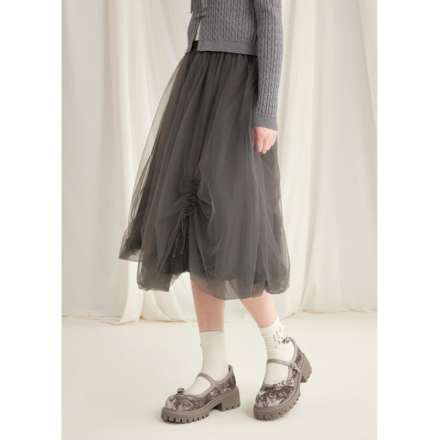 
Zihan mesh flower bud skirt for women in spring and autumn new sweet pleated beef tendon high waist casual gray A-line skirt