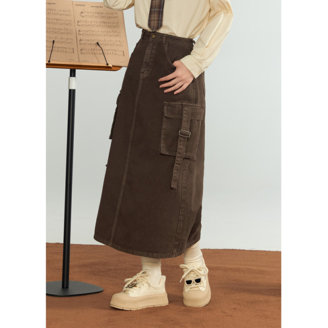 Zihan retro denim worker dress skirt female autumn new Marad casual high waist mid -length A -line skirt
