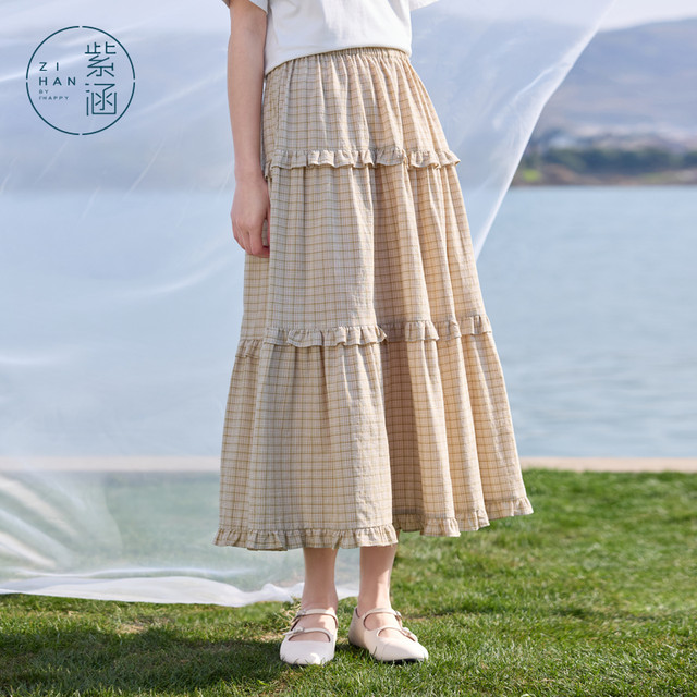 Zi Hansen-style checked mid-length skirt for women in summer 2025 new elastic waist skirt lace spliced ​​cake skirt