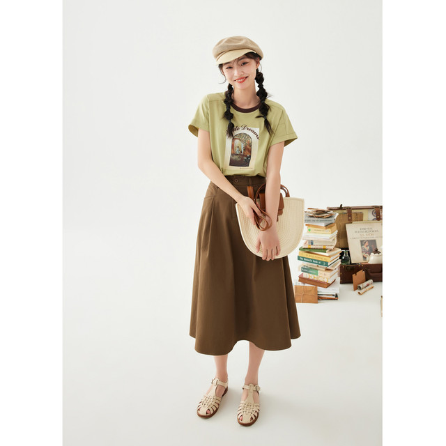 Zihan Retro Cotton Skirt Women's Summer New Art Forest Versatile High Waist Slim Mid-Length A-Line Skirt