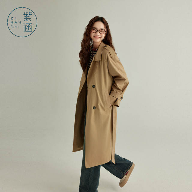 Zihan retro British style slingered collar windbreaker for women in spring and autumn new classic mid-length loose ragander sleeve jacket