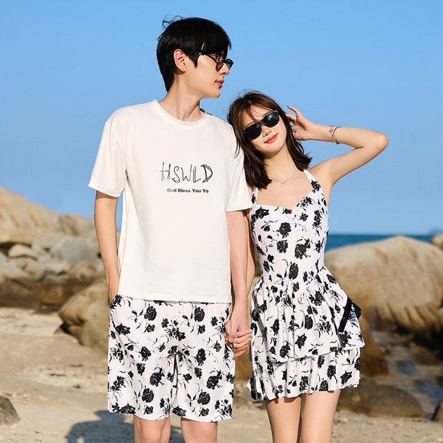 New couple swimsuit, female one-piece skirt, boxer angle, slimming, belly-covering, slightly fat, off-shoulder, men's beach trunks, vacation swimwear