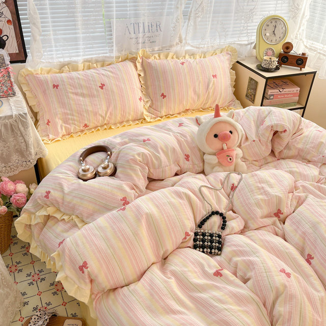 
Category A maternal and infant grade pure cotton edge four-piece set ins small fresh cotton double-layer gauze student dormitory three-piece bedding set