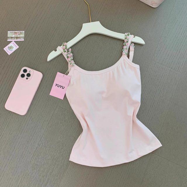 
Pure and gentle pink flower suspender vest for women with breast pad top 2025 new style