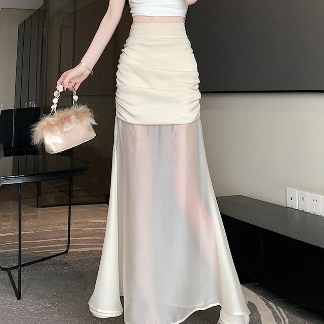 
Real-life shots and real-price spot design-sensing mesh splicing hip skirt Korean style wrinkled versatile long skirt fishtail skirt