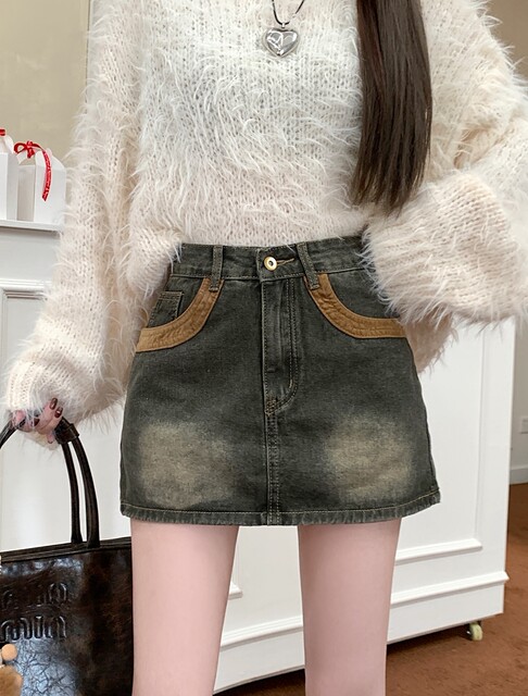 Retro old denim skirt for women with large size fat mm high waist slim hip A-line short skirt for small and versatile
