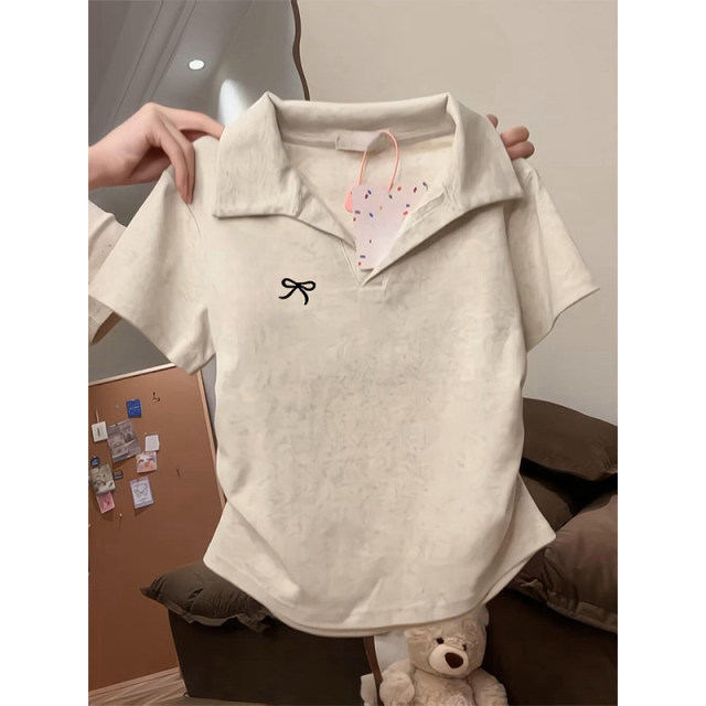 Gray front shoulder polo neck short-sleeved T-shirt for women in spring and summer pleated waist and slimming large size fat mm pure cotton shirt top
