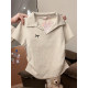 Gray front shoulder polo neck short-sleeved T-shirt for women in spring and summer pleated waist and slimming large size fat mm pure cotton shirt top