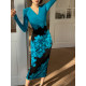 XULU original spring new style striped flower bush knitted hip-pack skirt temperament fashionable long-sleeved V-neck dress
