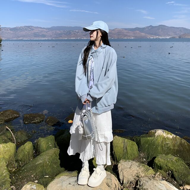 3MER Oh, three girls, wearing plaid stand-up collar jacket on both sides, spring and autumn loose design, men and women's retro jacket
