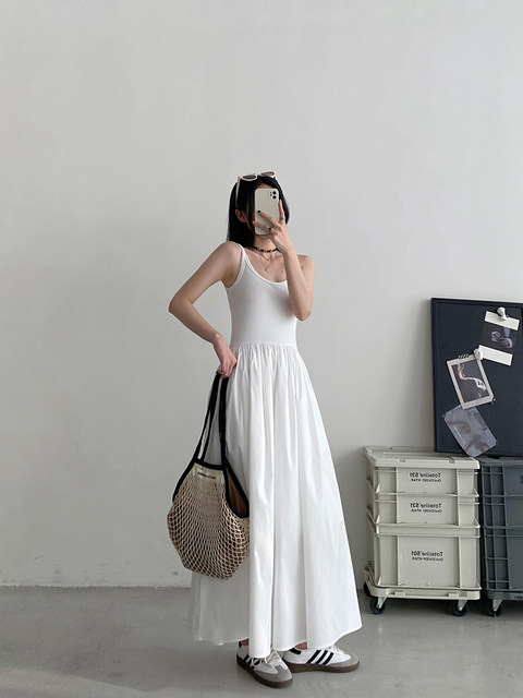 sun grapefruit white knitted suspender dress for women spring and summer high-end temperament long skirt waist sleeveless vest skirt