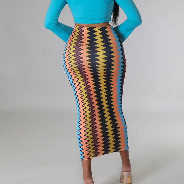 European and American new women's clothing 2025 rainbow print slim high waist elastic skirt mid-length hip-cover skirt tight