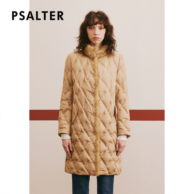 Psalm Selected Winter mink fur collar lace-up mid-length checked goose down jacket
