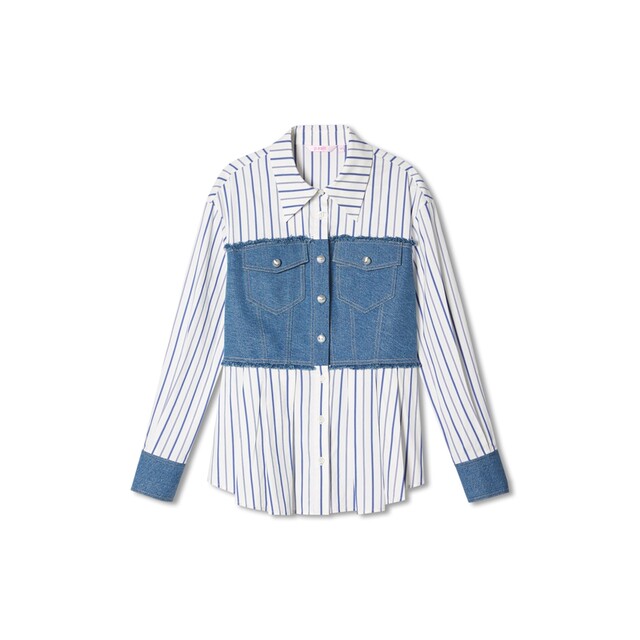 SALT.P Keyan 2024 Spring Academy Style Rebellious Denim Denim Spliced ​​Striped Shirt
