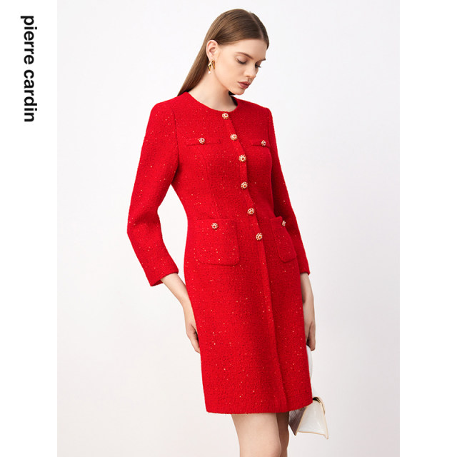 The same style of Pier Cardin women's dress in the mall, French retro bright red and high-end A-line skirt