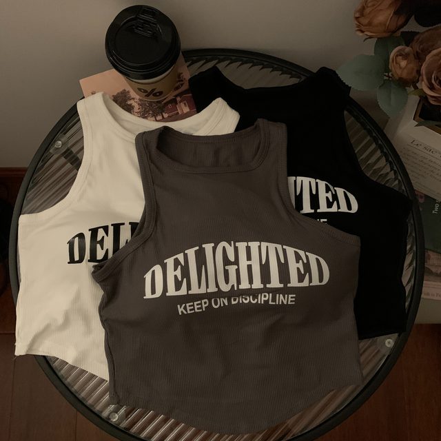 Retro American print sexy camisole vest with female chest pads showed thin slim Summer short versatile top