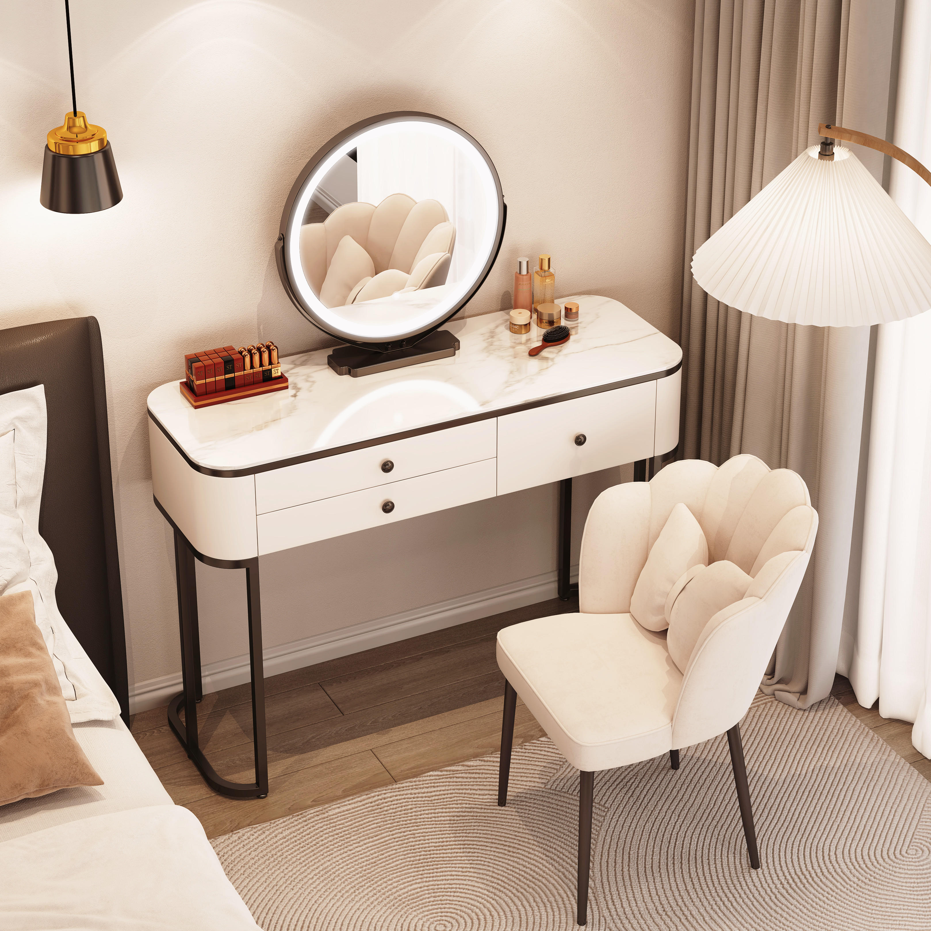 实木岩板梳妆台卧室高级轻奢现代简约小户型奶油风ins网红化妆桌