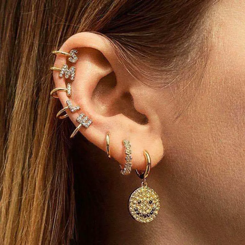 镶钻英文字母耳环女耳骨夹气质小号耳钉日韩国简约网红耳饰个性