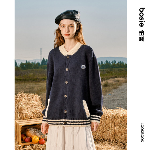Bosie Boxi 2025 autumn new contrast cardigan sweater for male couple