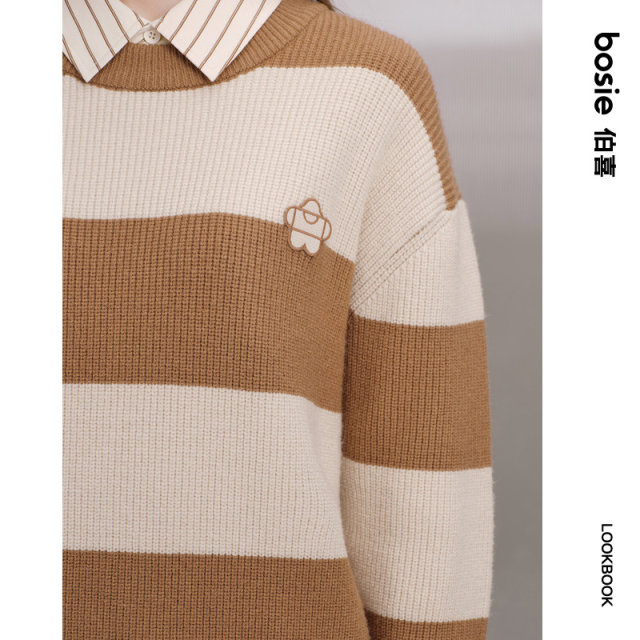 Bosie Boxi Spring and Autumn Pullover Round Neck Sweater Men's Couple Striped Sweater Fashionable and Versatile
