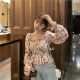 2025 new long-sleeved square collar waist-closed short floral strapless top for women in spring and autumn design, off-shoulder one-length collar