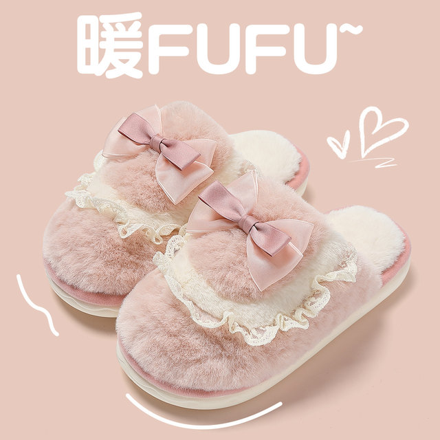 Bow cotton slippers for women in autumn and winter 2025 new indoor home fluffy non-slip warm cotton slippers for winter