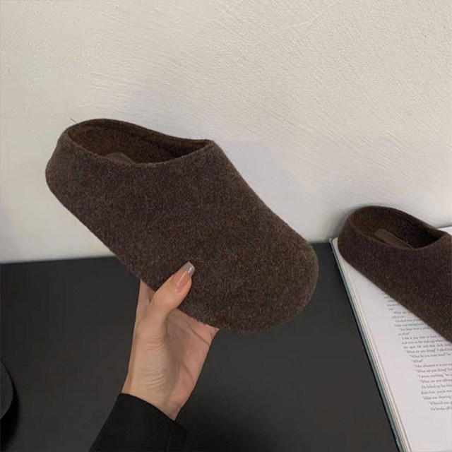 Gray woolen vintage Birkenstock shoes with 5cm height increase for women, thick-soled small potato plus velvet warm toe-cap furry slippers