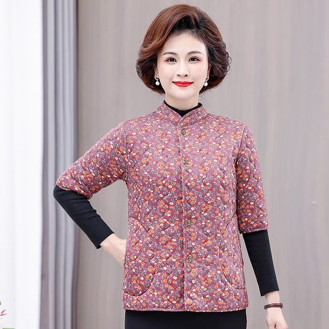 Mom's autumn and winter thin cotton coat, short vest, middle-aged and elderly women's clothing, mid-sleeve floral warm velvet jacket