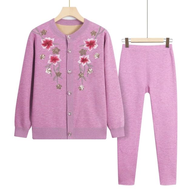 Mother's thermal underwear set with velvet and thickening for middle-aged and elderly women's autumn and winter women's clothes grandma's winter red cardigan