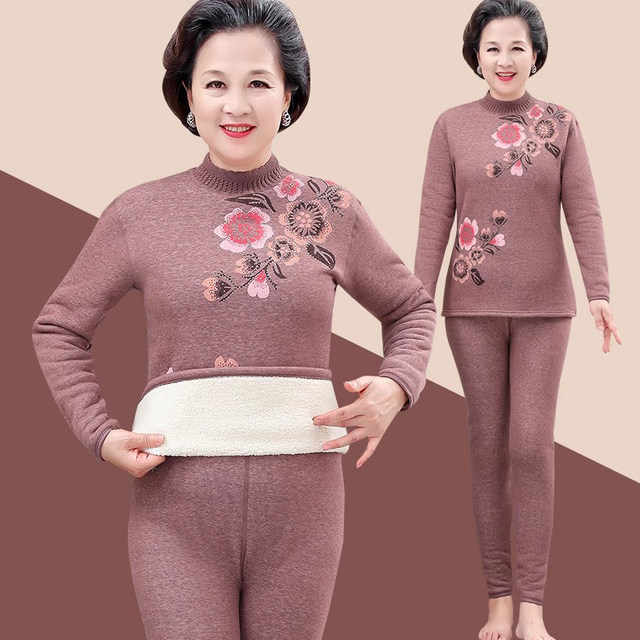 Grandma winter dress warm underwear sleeve female middle -aged and elderly mother autumn clothes and autumn pants old lady plus velvet thickened autumn and winter