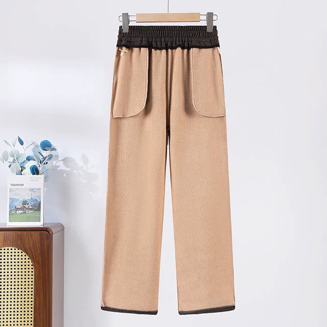Mother's clothing autumn and winter new velvet thickened woolen pants middle-aged and elderly women's large size high-waisted straight pants black beige