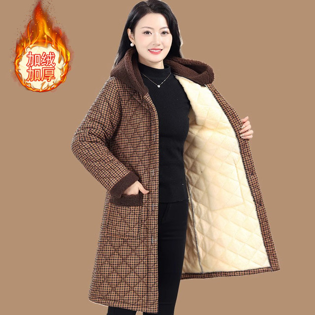 Winter thickened warm cotton coat mother's wear long velvet cotton coat top middle-aged and elderly women's cotton coat plaid