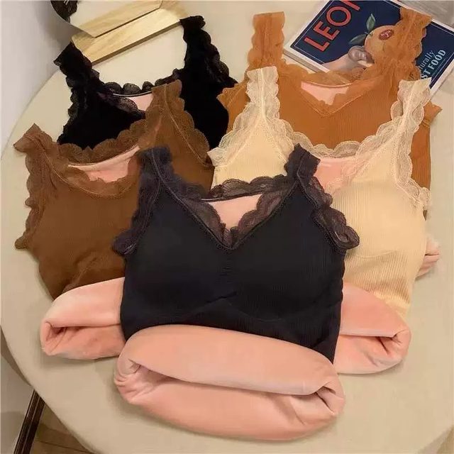 Lace warm camisole for women in autumn and winter plus velvet and thickening suit with chest pad and bottoming all-in-one velvet top