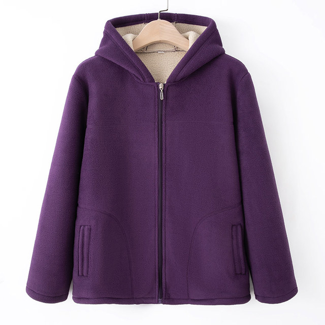 Mom's autumn and winter fleece coat loose polar fleece hooded sweatshirt for women grandma clothes middle-aged and elderly clothes cardigan for women